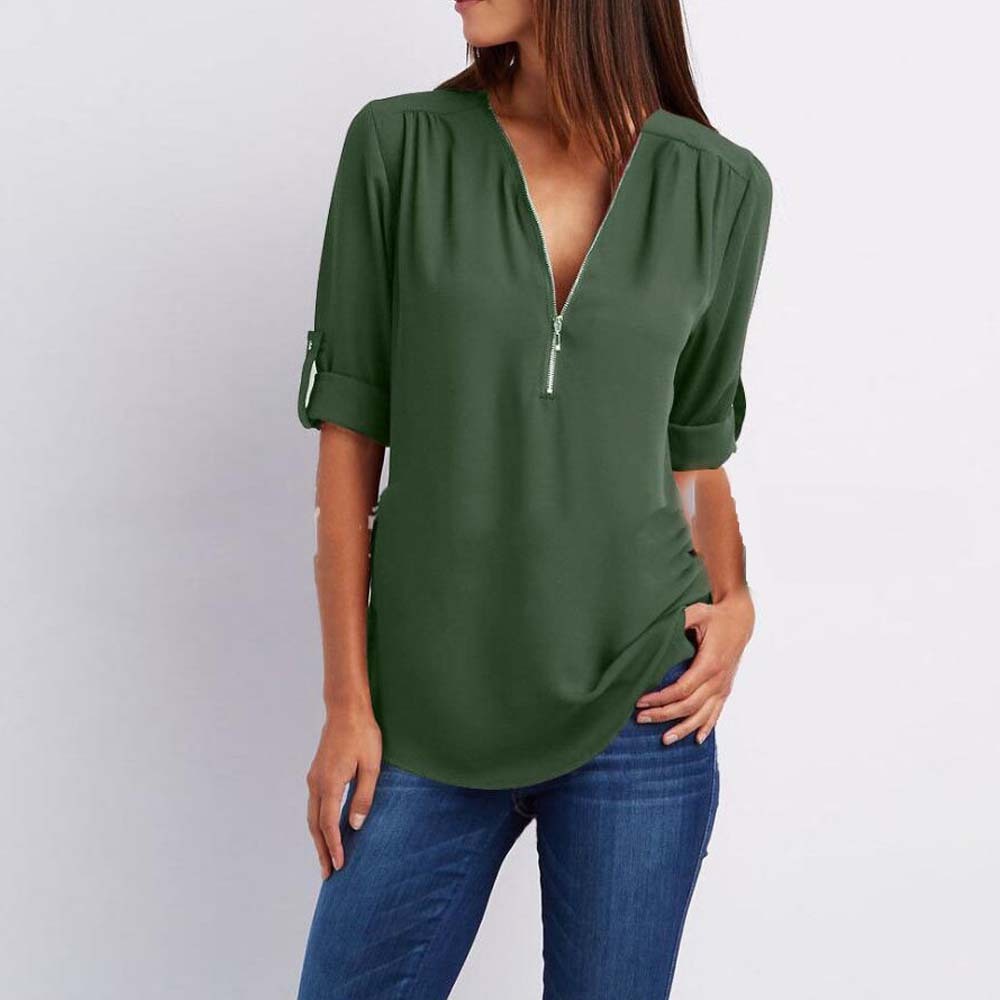 Women's Summer Fashion V Neck Zipper Chiffon Shirt