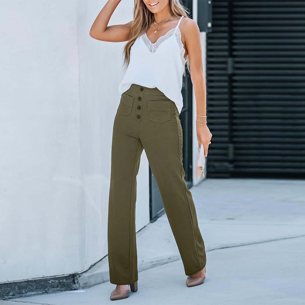 Pantalones casuales elásticos con botones de cintura alta para mujer
