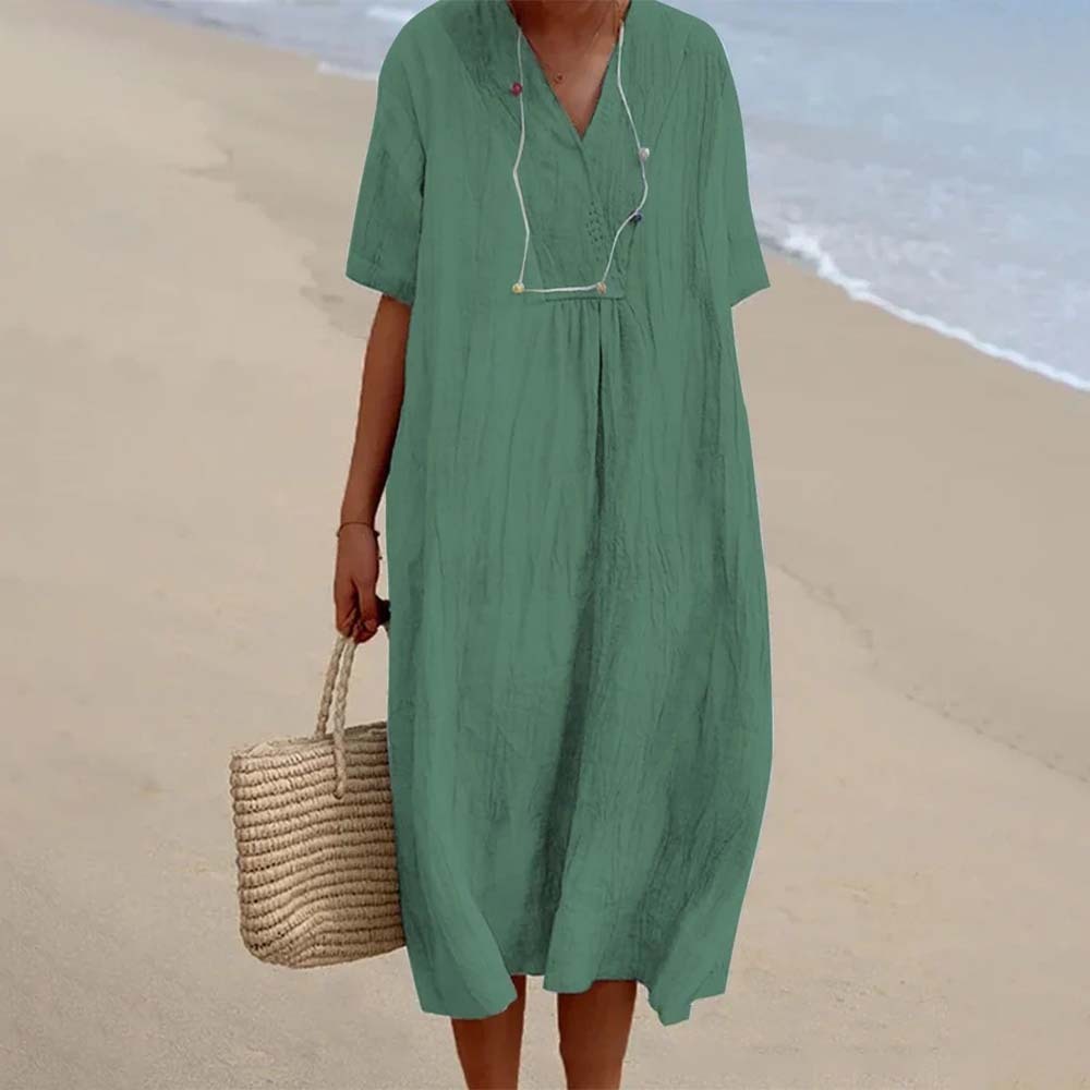 Soft and comfortable V-neck cotton and linen dress
