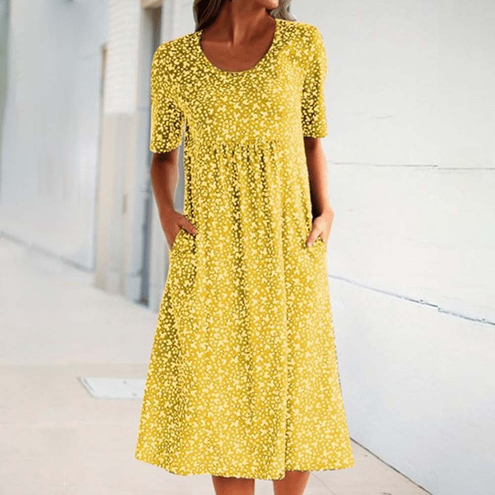Casual Women Cotton Scoop Neck Floral Dress (8 Colors with Pockets)