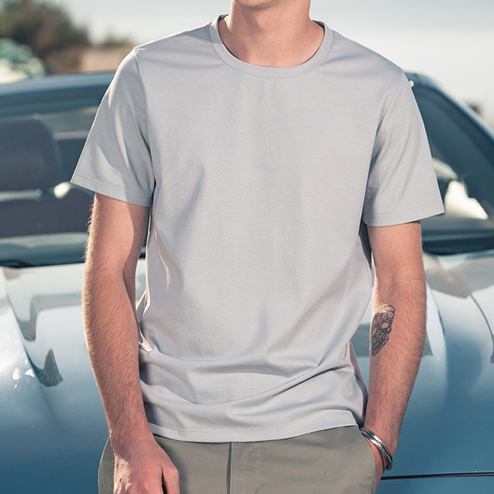 Olivoslindo Camiseta de manga corta con cuello redondo de algodón de seda helada para hombre