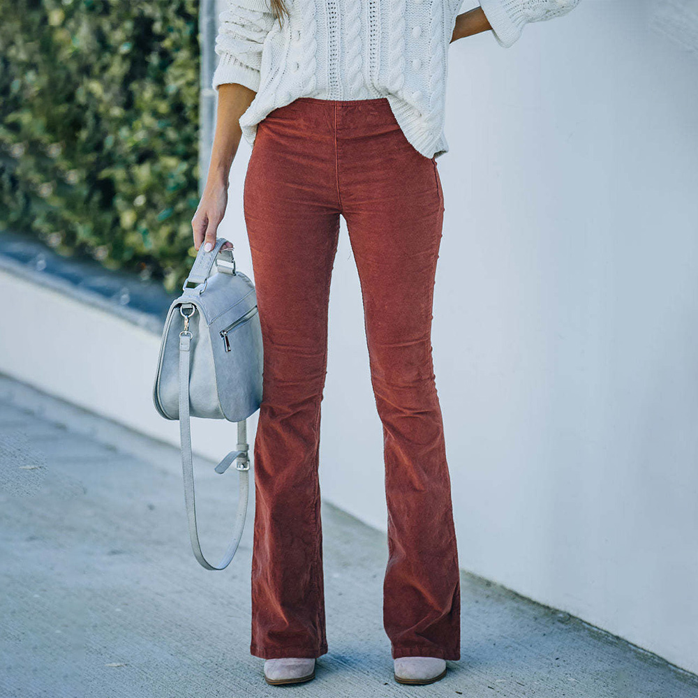 Women Solid Color Corduroy Slim Flare Pants