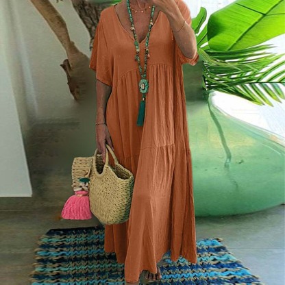 Women's breathable V-neck cotton and linen long skirt casual beach dress