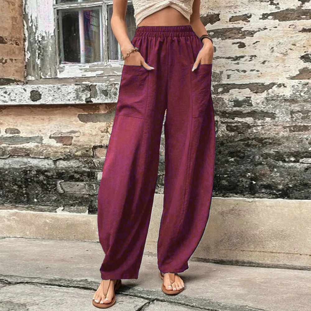 Olivoslindo Pantalones casuales de mujer con bolsillo de color sólido Pantalones elásticos