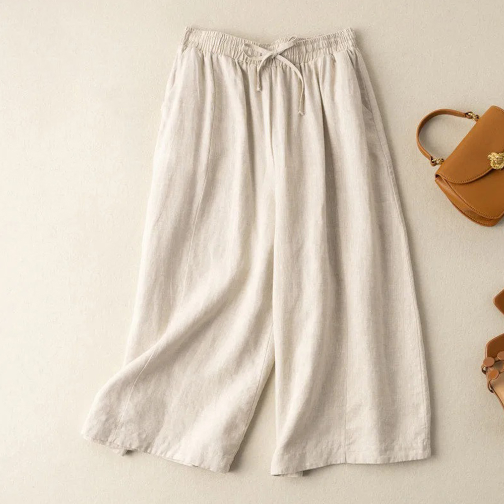 Pantalones de pierna ancha holgados informales de algodón y lino para mujer