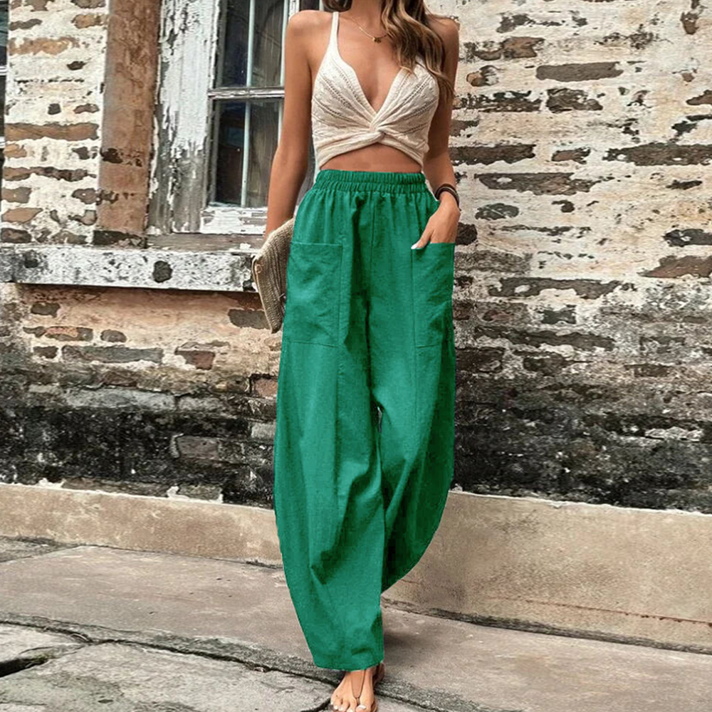 Olivoslindo Pantalones casuales de mujer con bolsillo de color sólido Pantalones elásticos