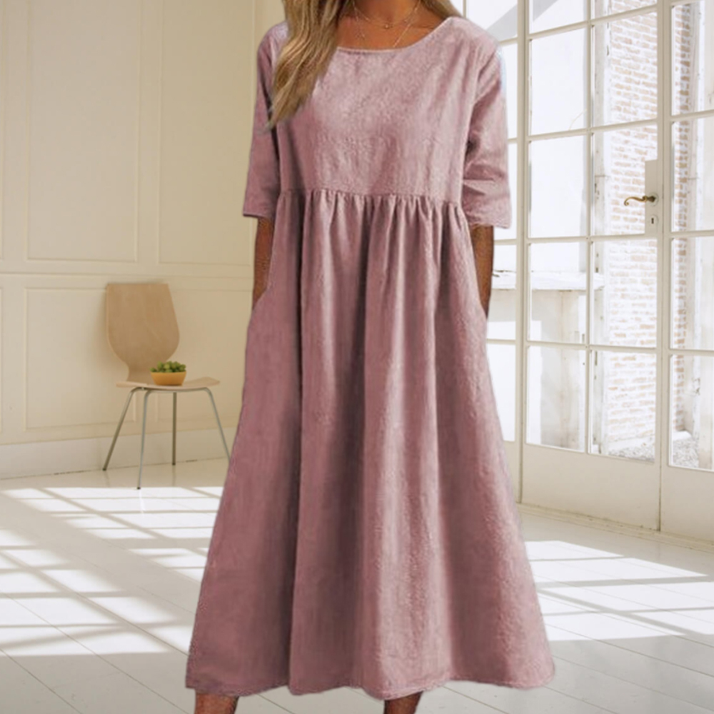 Summer new cotton and linen casual loose round neck dress
