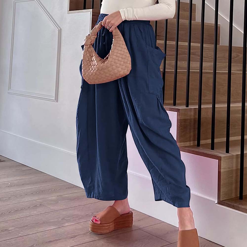 Pantalones casuales de algodón y lino con pierna ancha y cintura alta