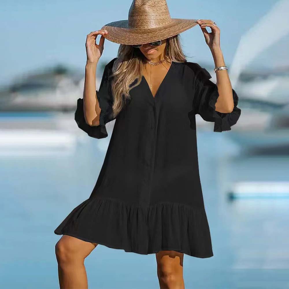 Vestido de playa con cuello en V y volantes de verano para mujer