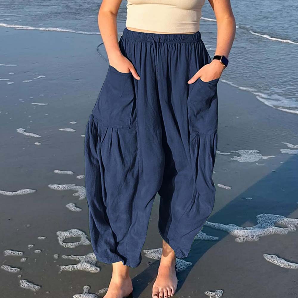 Pantalones casuales de algodón y lino con pierna ancha y cintura alta