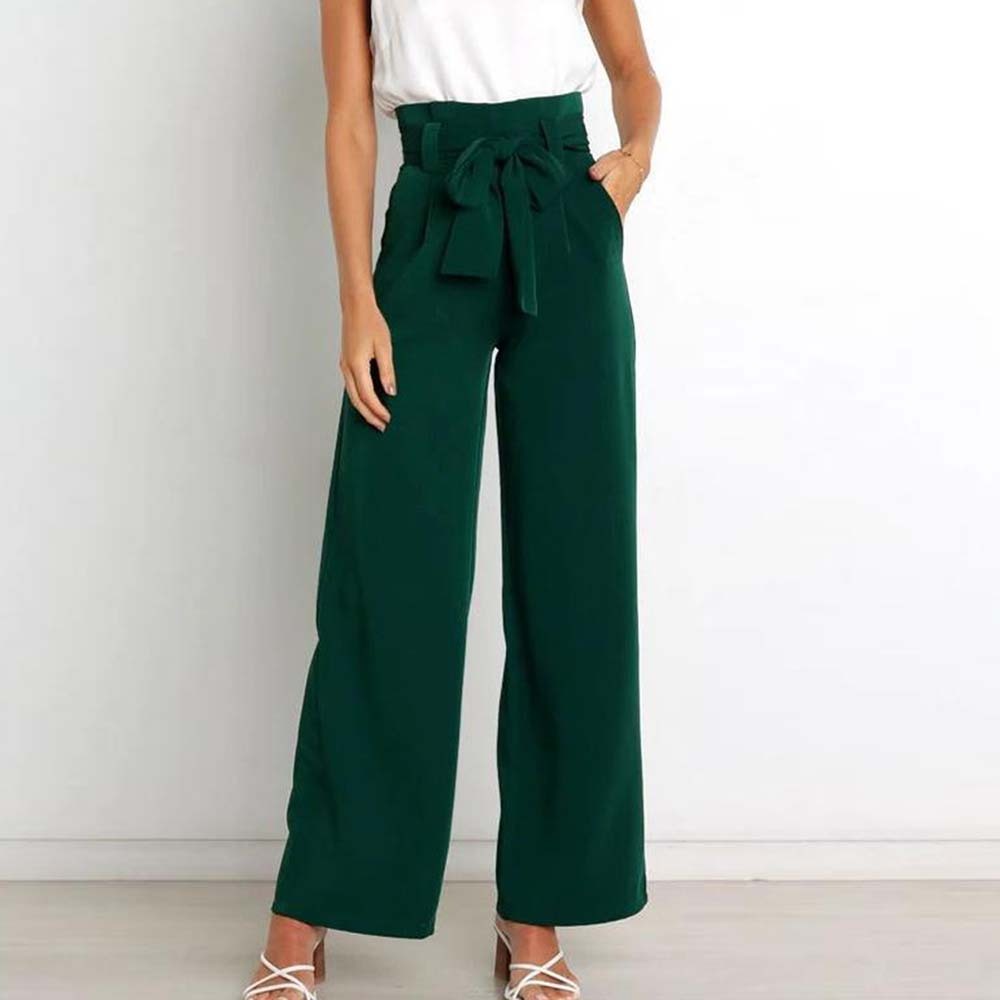 Pantalones anchos de talle alto con lazo a la moda para mujer