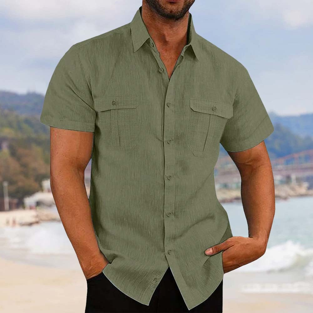 Men's stretch breathable cotton and linen pocket short-sleeved shirt