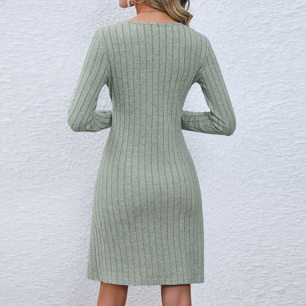 2024 Fashion Button V Neck Long Sleeve Knitted Dress