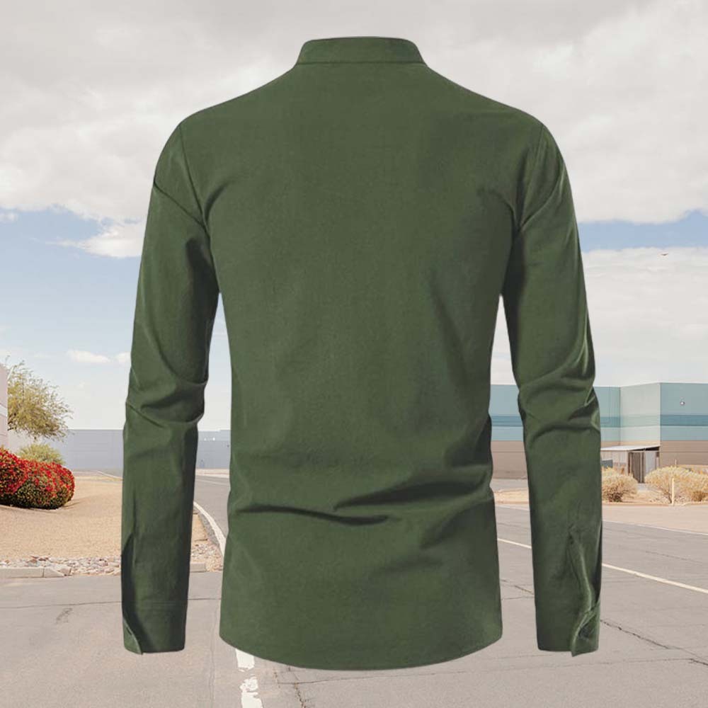Spring Men's Cotton and Linen Stand Collar Long Sleeve Tie-Up Shirt