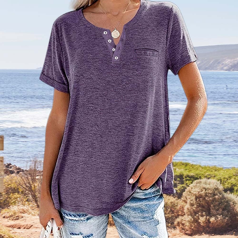Women's Summer Fashion Solid Color Pocket Short Sleeve T-Shirt