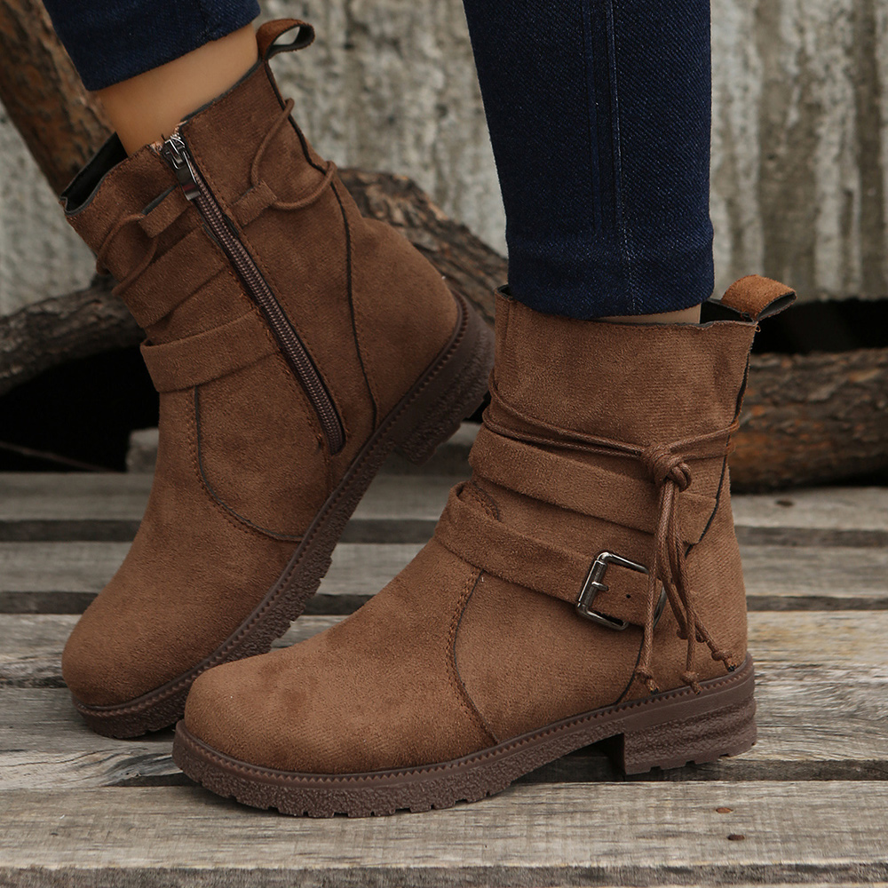 Olivoslindo Botas Martin bajas con cremallera lateral y borla con hebilla de cinturón