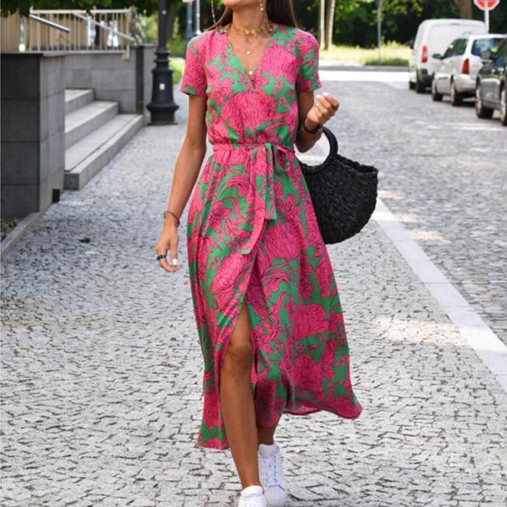 Summer bohemian style tie-front V-neck printed slit dress
