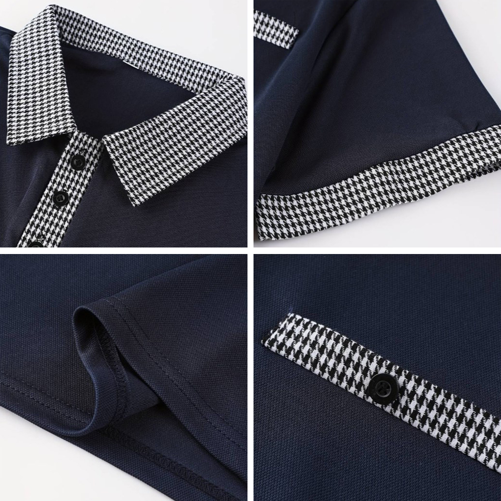 Summer Men's Houndstooth Casual Button Collar Short Sleeve Polo Shirt