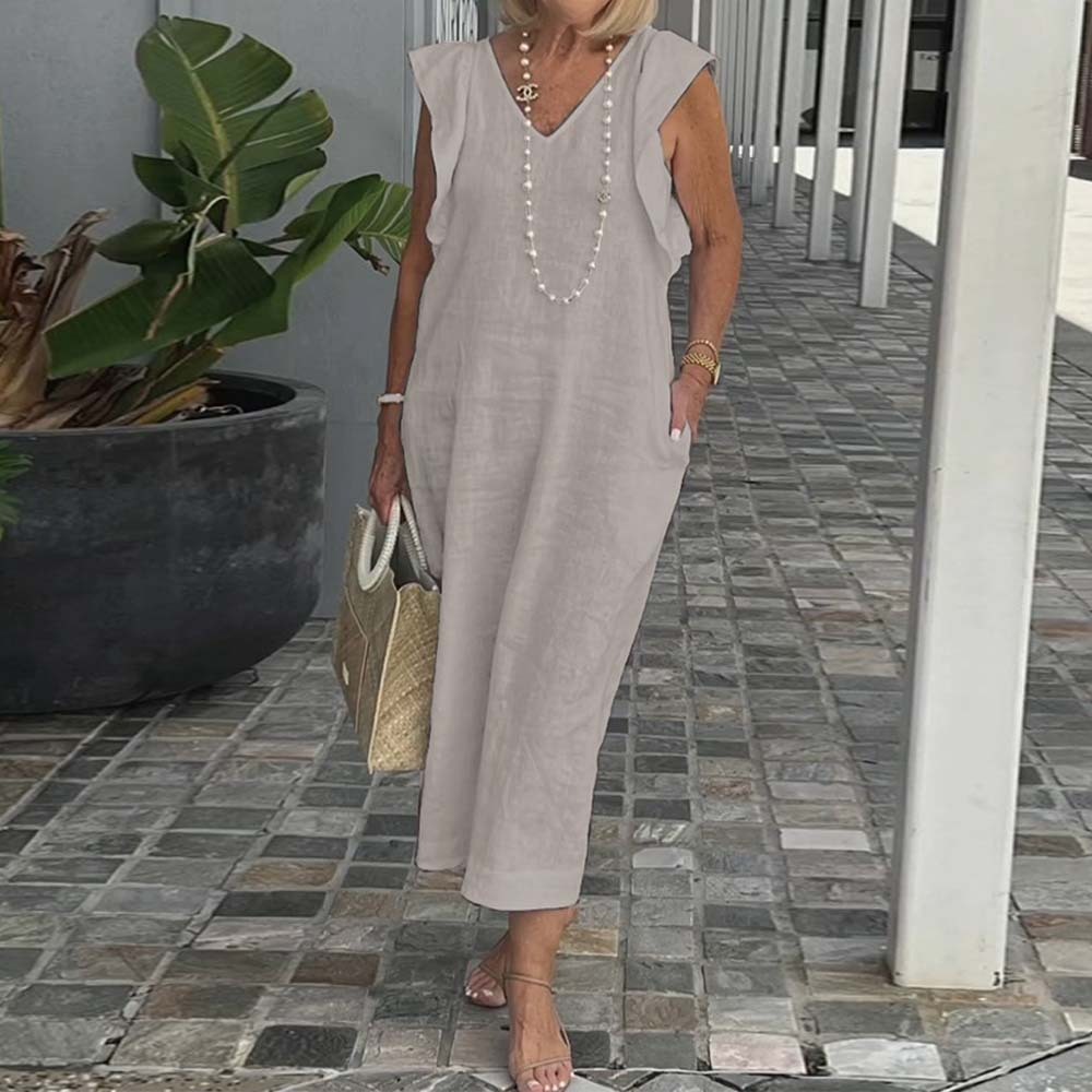 Elegante vestido de algodón y lino con cuello en V y color liso