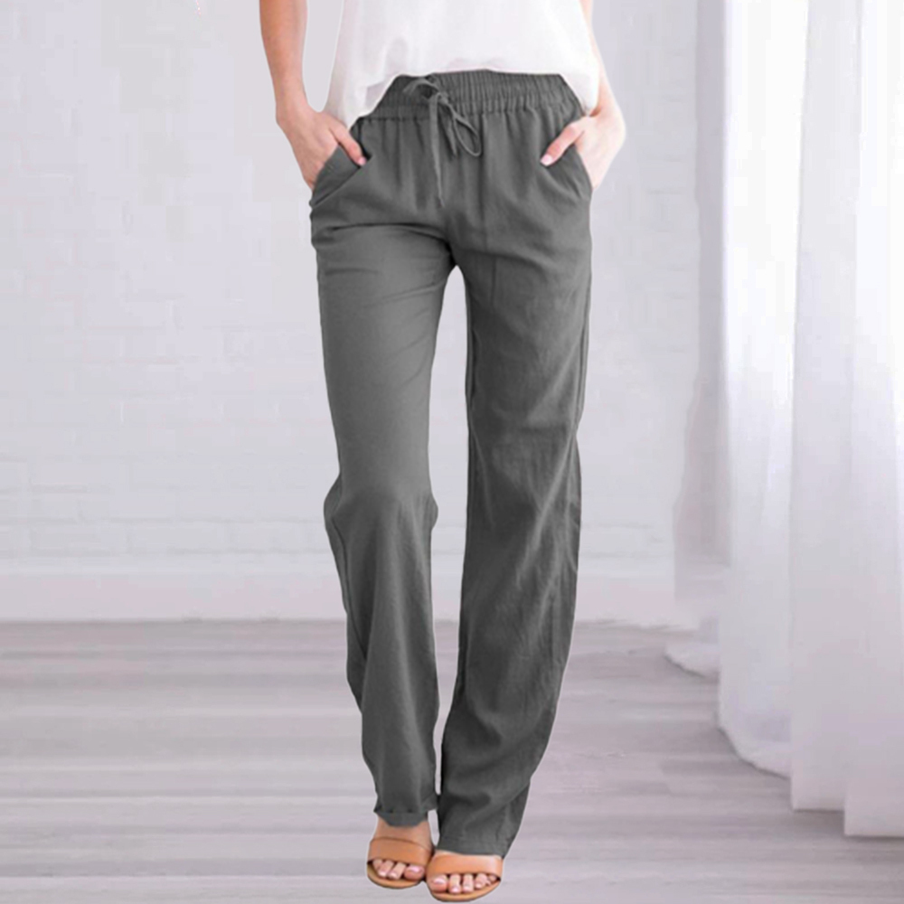 New Ladies Solid Color Cotton Linen Straight Leg Pants