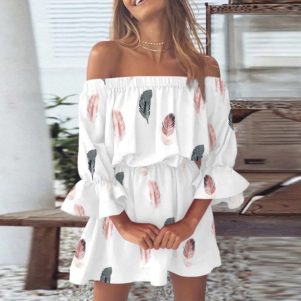 Boho print off-the-shoulder ruffle-sleeve dress