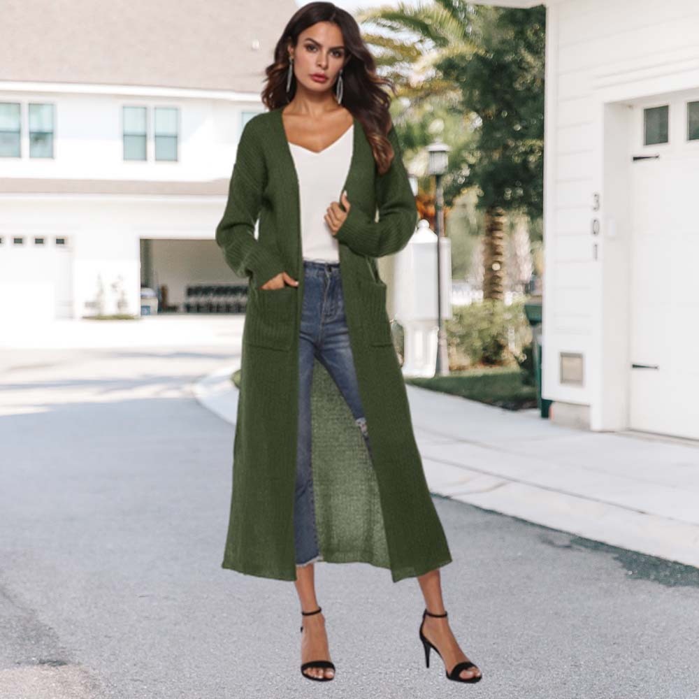 Olivoslindo Abrigo de mujer fino de punto con abertura larga y bolsillos grandes