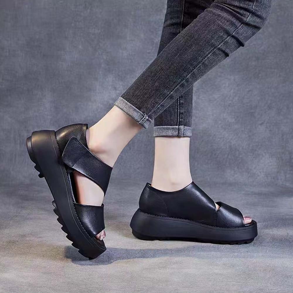 Sandalias informales de piel con velcro y suela gruesa para mujer