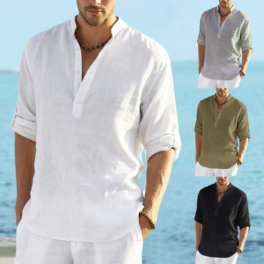 2024 Fashion New Men's Solid Color Cotton Linen Shirt