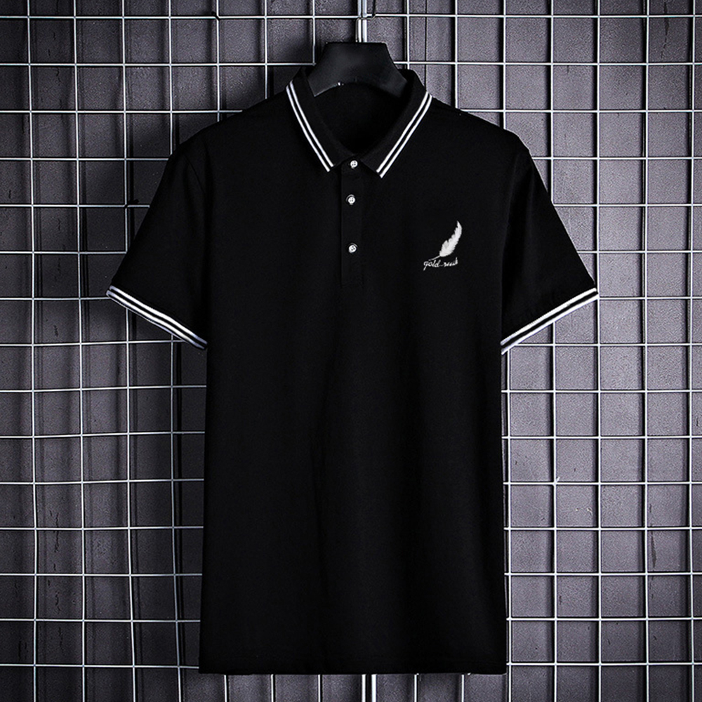 Summer Men's Feather Print Business Short Sleeve Polo Shirt