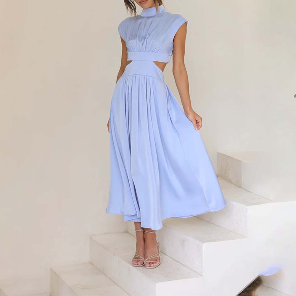 Stylish stand-up collar and exposed waist resort style dress