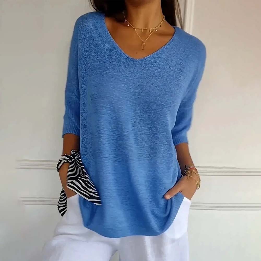 Top de punto de color liso con cuello en V para mujer