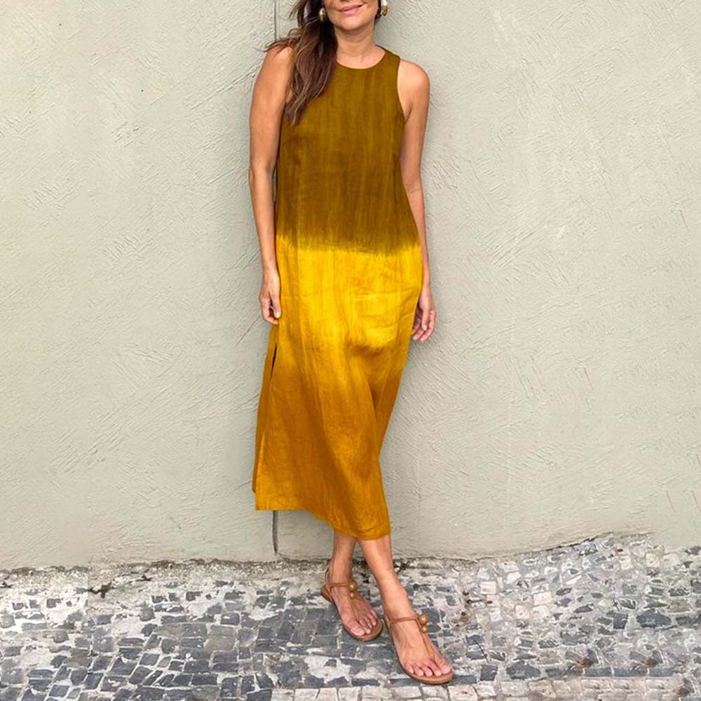 Hojanaranja Vestido degradado de algodón y lino sin mangas con aberturas