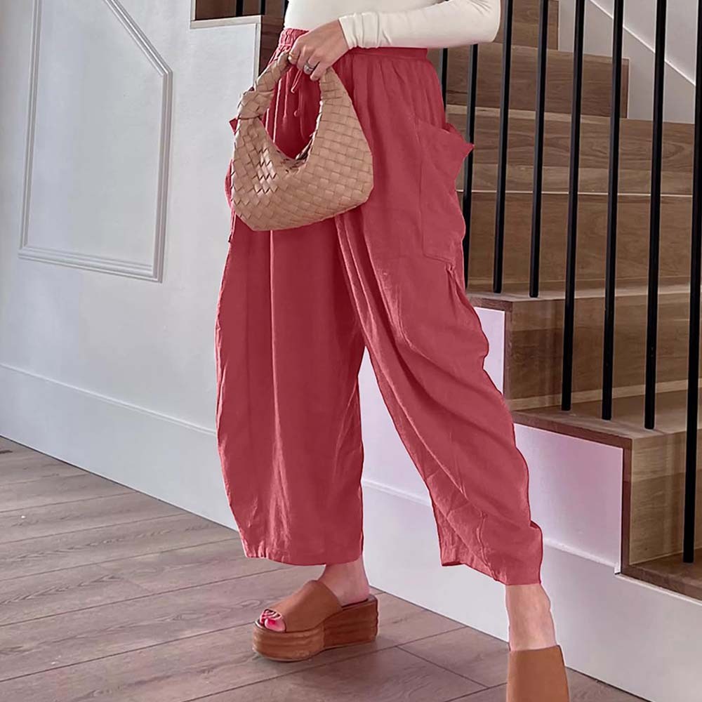 Pantalones casuales de algodón y lino con pierna ancha y cintura alta