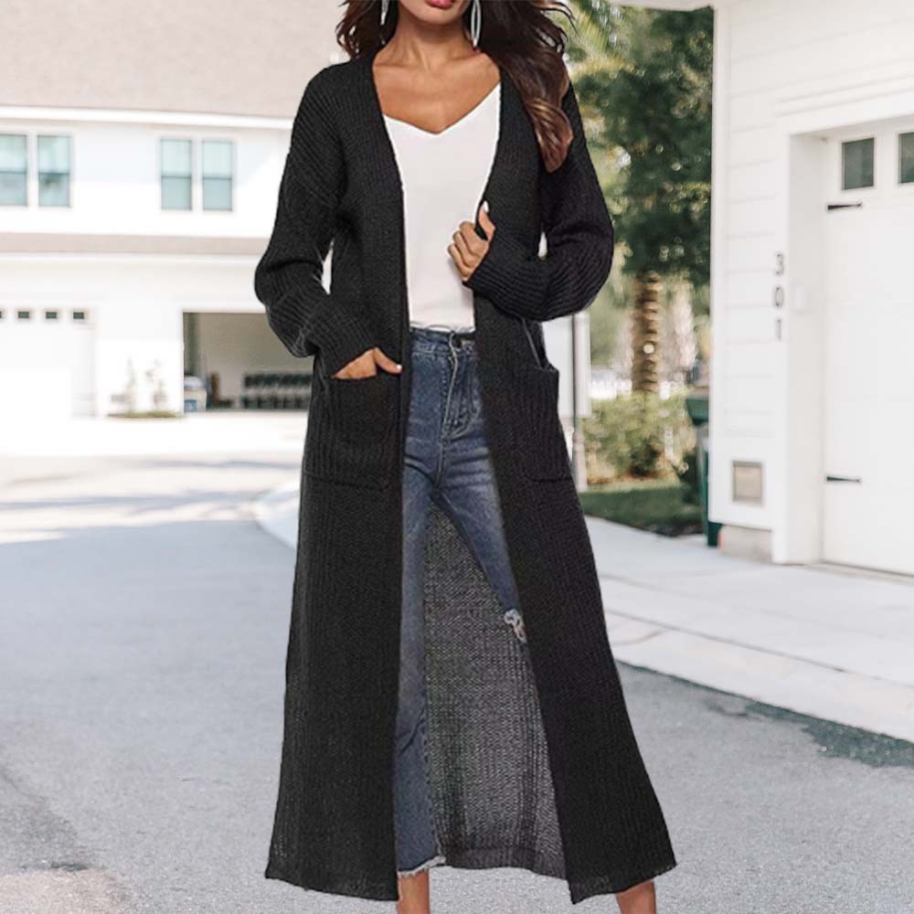 Abrigo de mujer fino de punto con abertura larga y bolsillos grandes