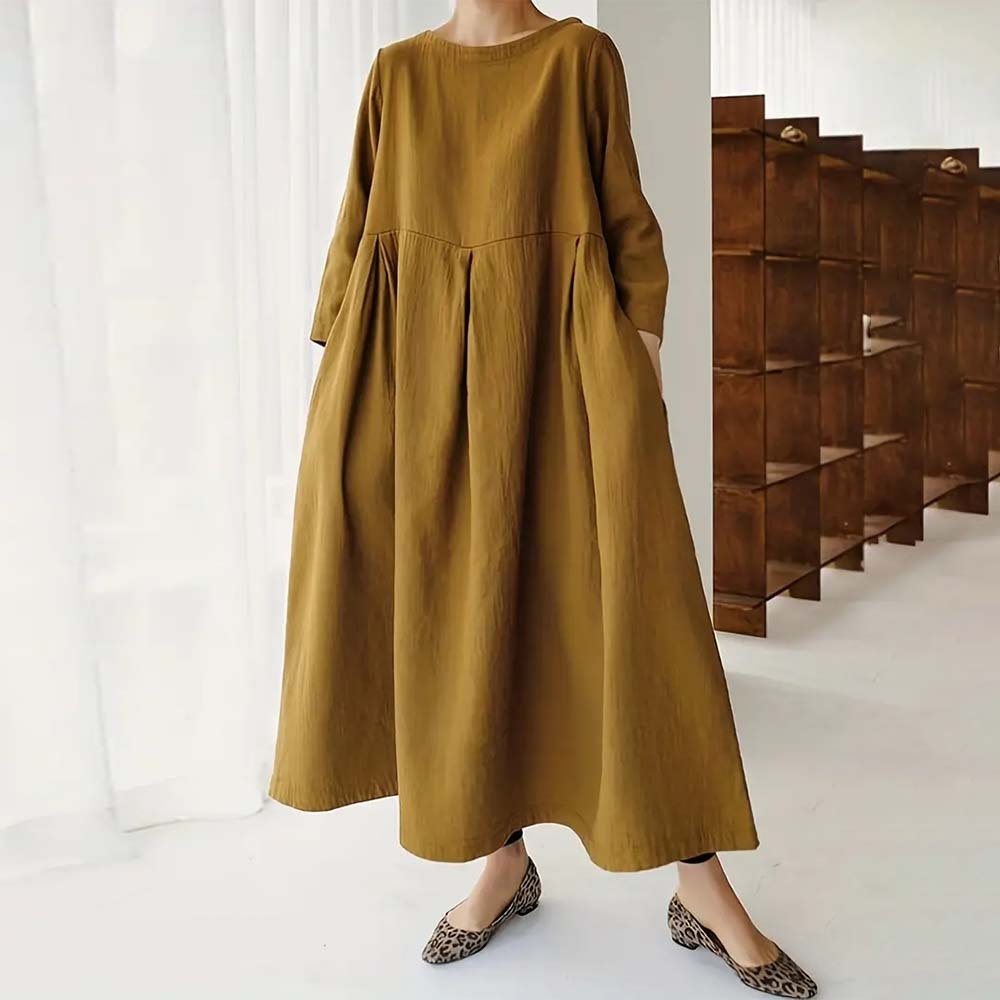 Spring and autumn casual loose round neck cotton and linen dress