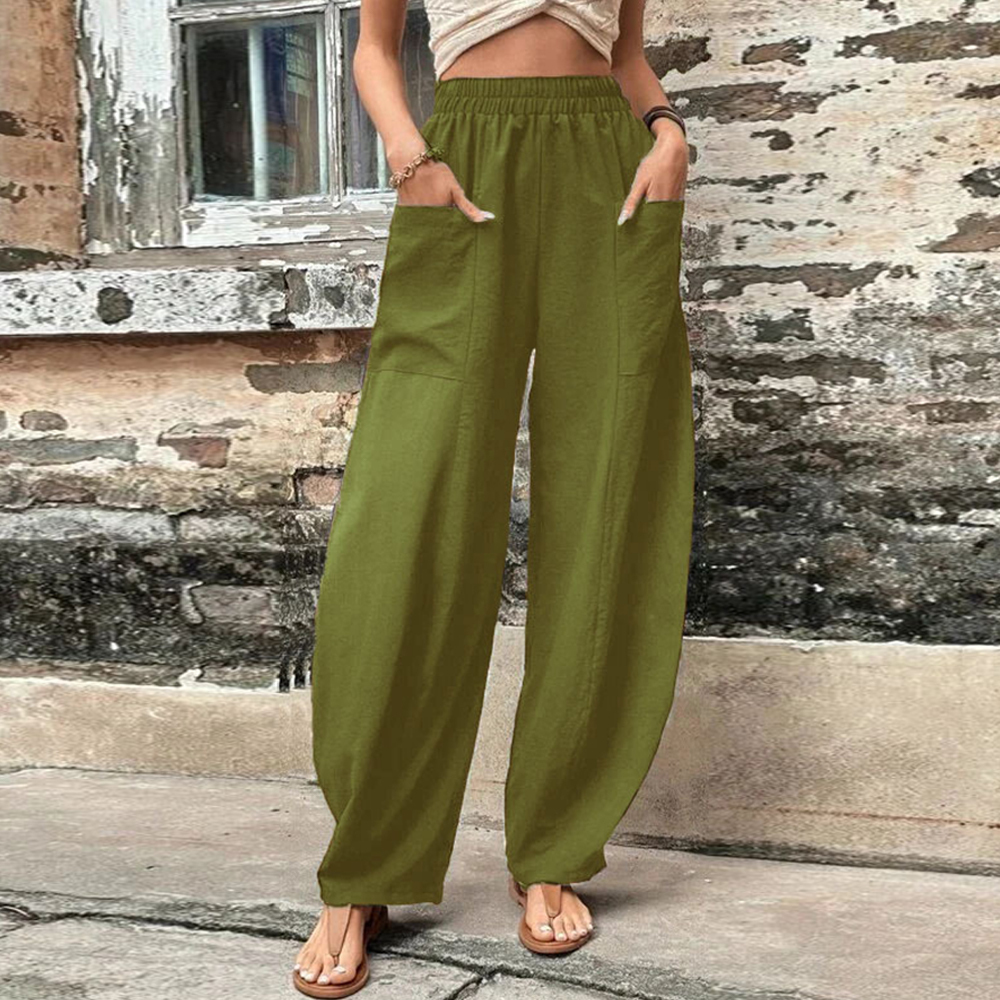 Olivoslindo Pantalones casuales de mujer con bolsillo de color sólido Pantalones elásticos