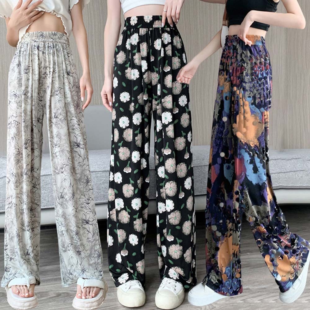 Women's fashionable printed tie-dye ice silk wide-leg pants