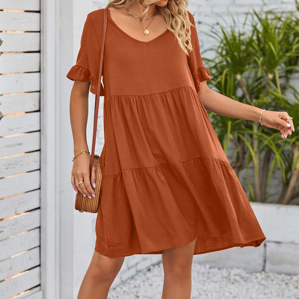 Summer casual V-neck ruffle loose dress beach dress