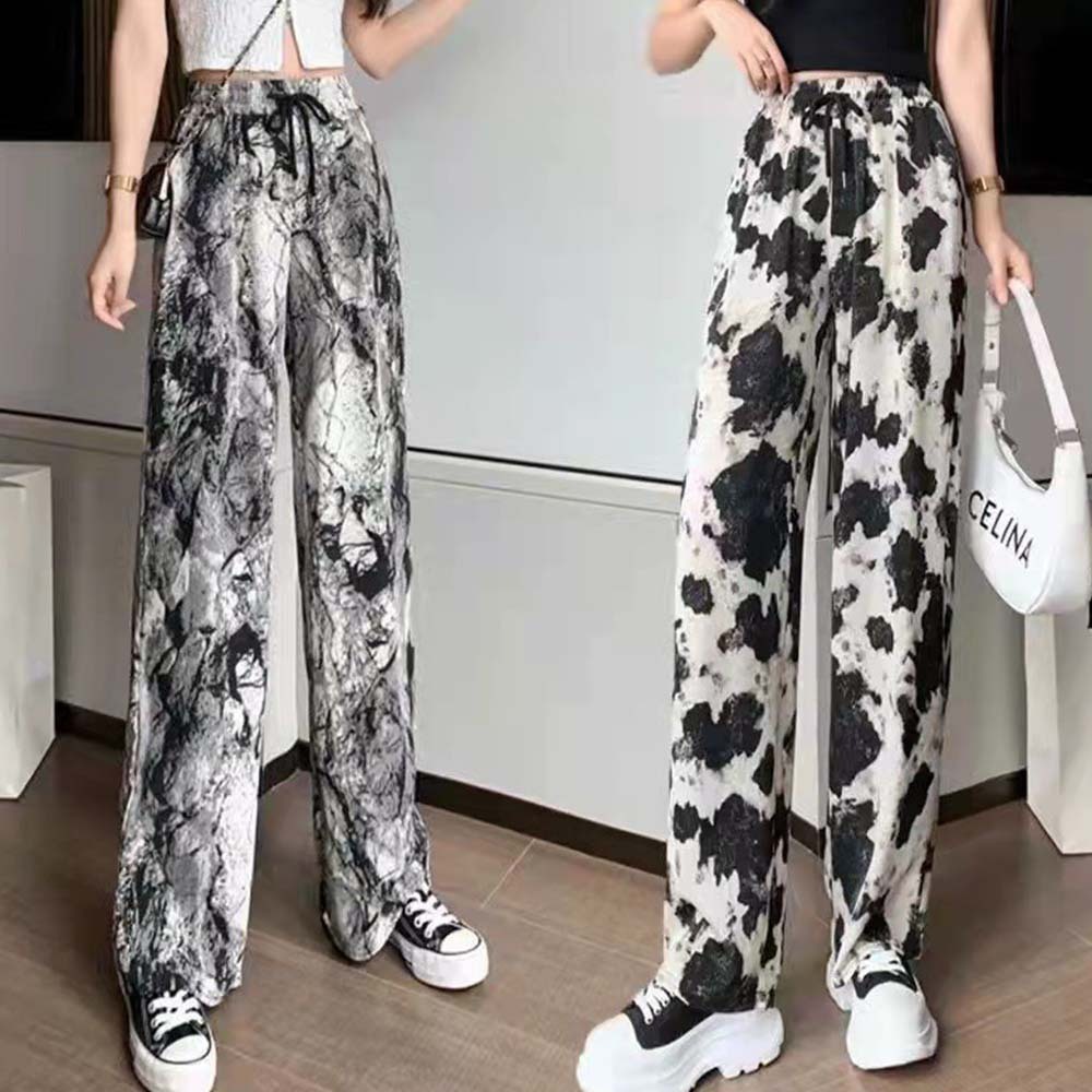 Women's fashionable printed tie-dye ice silk wide-leg pants