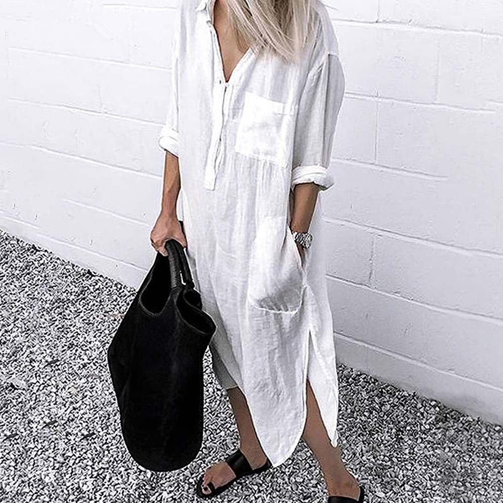 Women's elegant solid color slit pocket shirt dress
