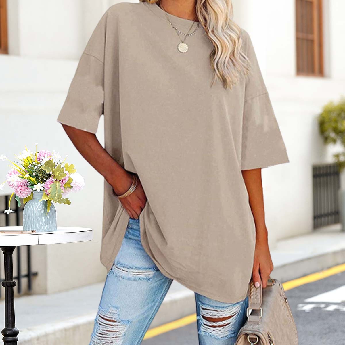 Olivoslindo Sommer Casual Damen Einfarbig Tropfen Schulter Ärmel Rundhals Lose T-Shirt