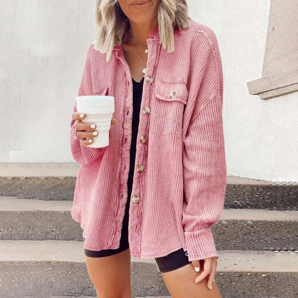 Olivoslindo Chaqueta de camisa irregular de costura de bolsillo de solapa casual de otoño para mujer