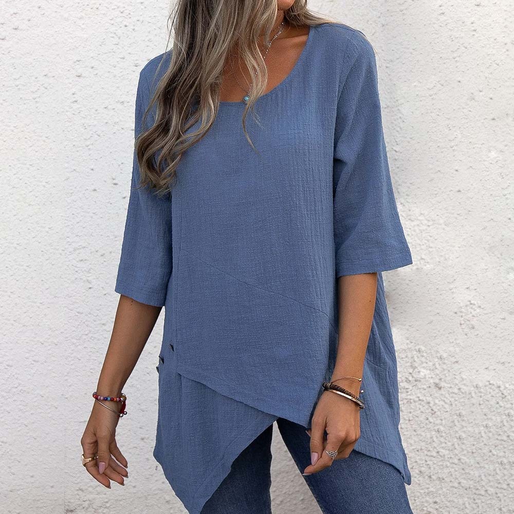 Women's cotton and linen round neck irregular shirt half-sleeved top