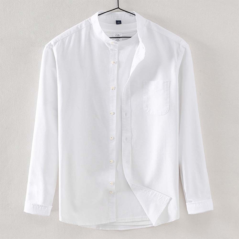 New Men's Cotton Oxford Anti-Wrinkle Stand Collar Long Sleeve Shirt