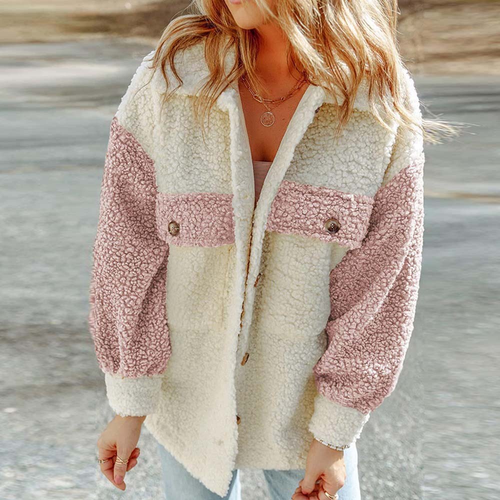 Olivoslindo Abrigo de piel suelto de manga larga informal de otoño e invierno para mujer con doble bolsillo y color a juego