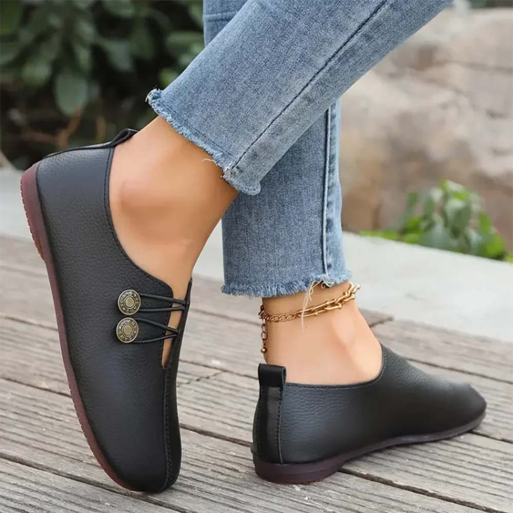 Zapatos casuales de dos botones con punta redonda de cuero retro para mujer