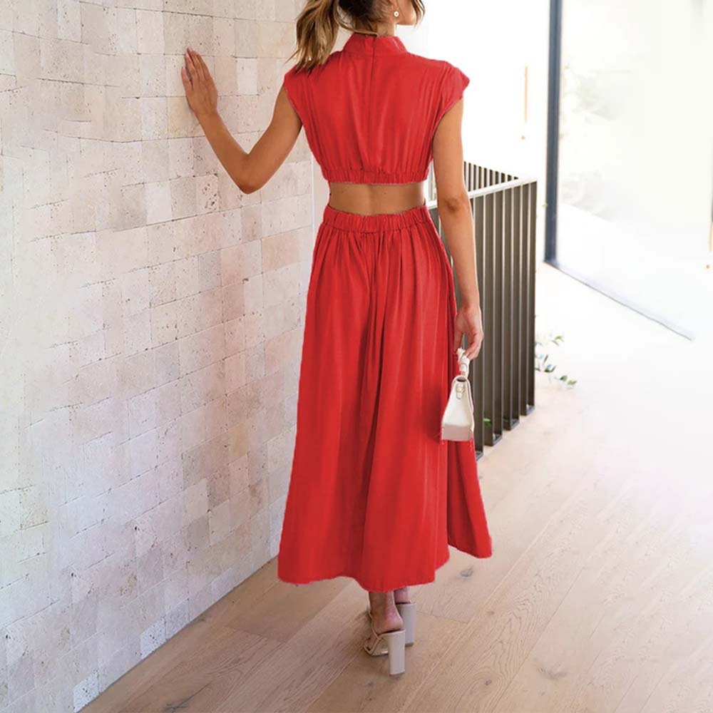 Stylish stand-up collar and exposed waist resort style dress
