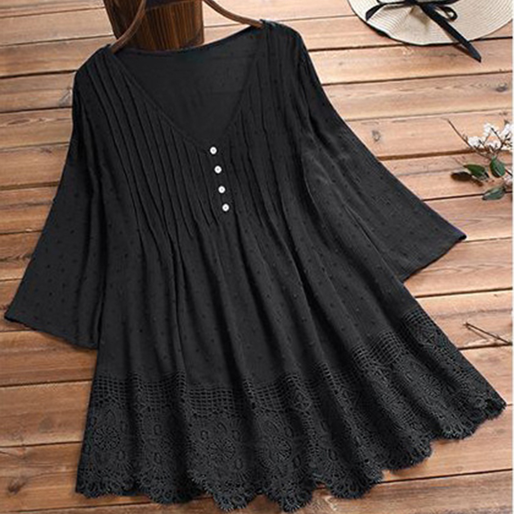 Summer ladies temperament lace V-neck hollow short-sleeved shirt