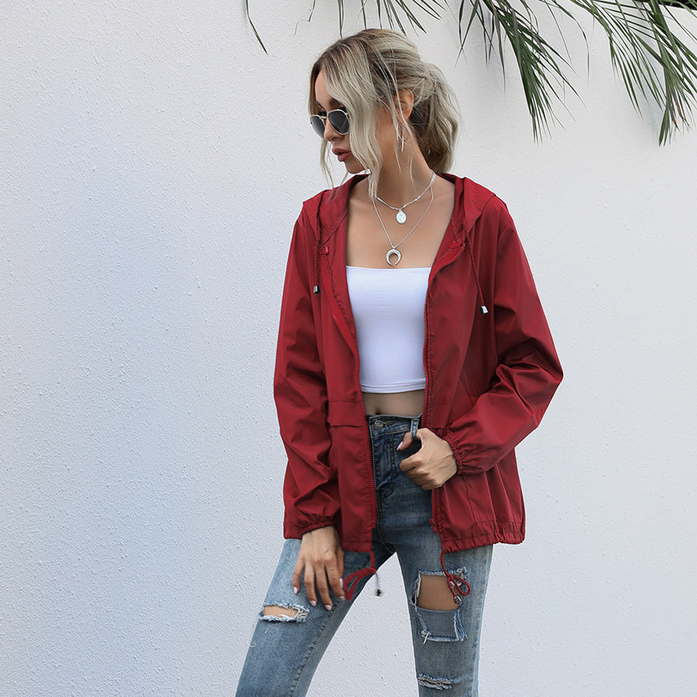 Olivoslindo Chaqueta con capucha impermeable con cremallera para exteriores de moda de otoño para mujer