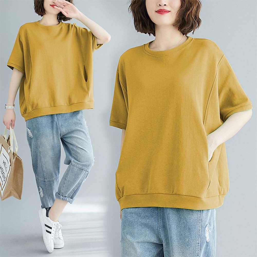 Summer women's loose solid color pocket round neck T-shirt